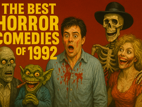Man with bloodstained shirt looks shocked, surrounded by monsters. Red background. Text: "The Best Horror Comedies of 1992."