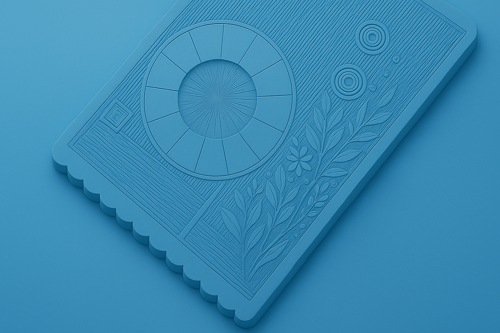 Blue embossed card with circular and plant patterns, featuring floral motifs and concentric circles on a flat blue background.
