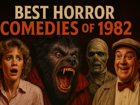 Four characters: a frightened woman, a roaring werewolf, a mummy, and a smiling man. Text: "Best Horror Comedies of 1982" in bold. Dark background.