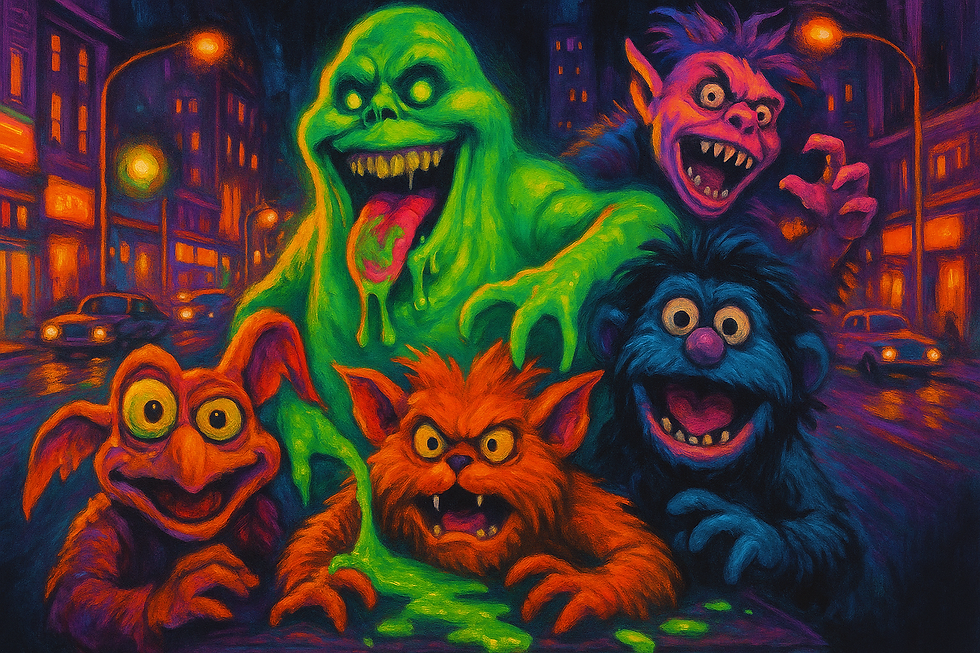 Colorful monsters with exaggerated expressions loom on a neon-lit street. The scene is vibrant and surreal, with dramatic lighting.
