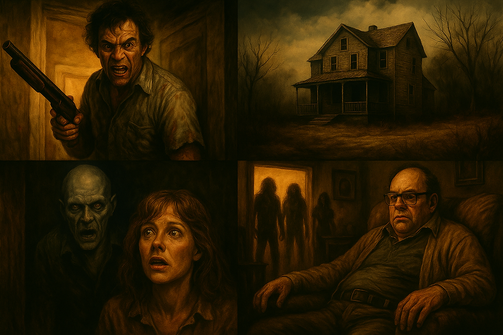Four tense scenes: Man with gun in hallway; haunted house; frightened woman with ghoulish figure; worried man on chair, shadows at door.