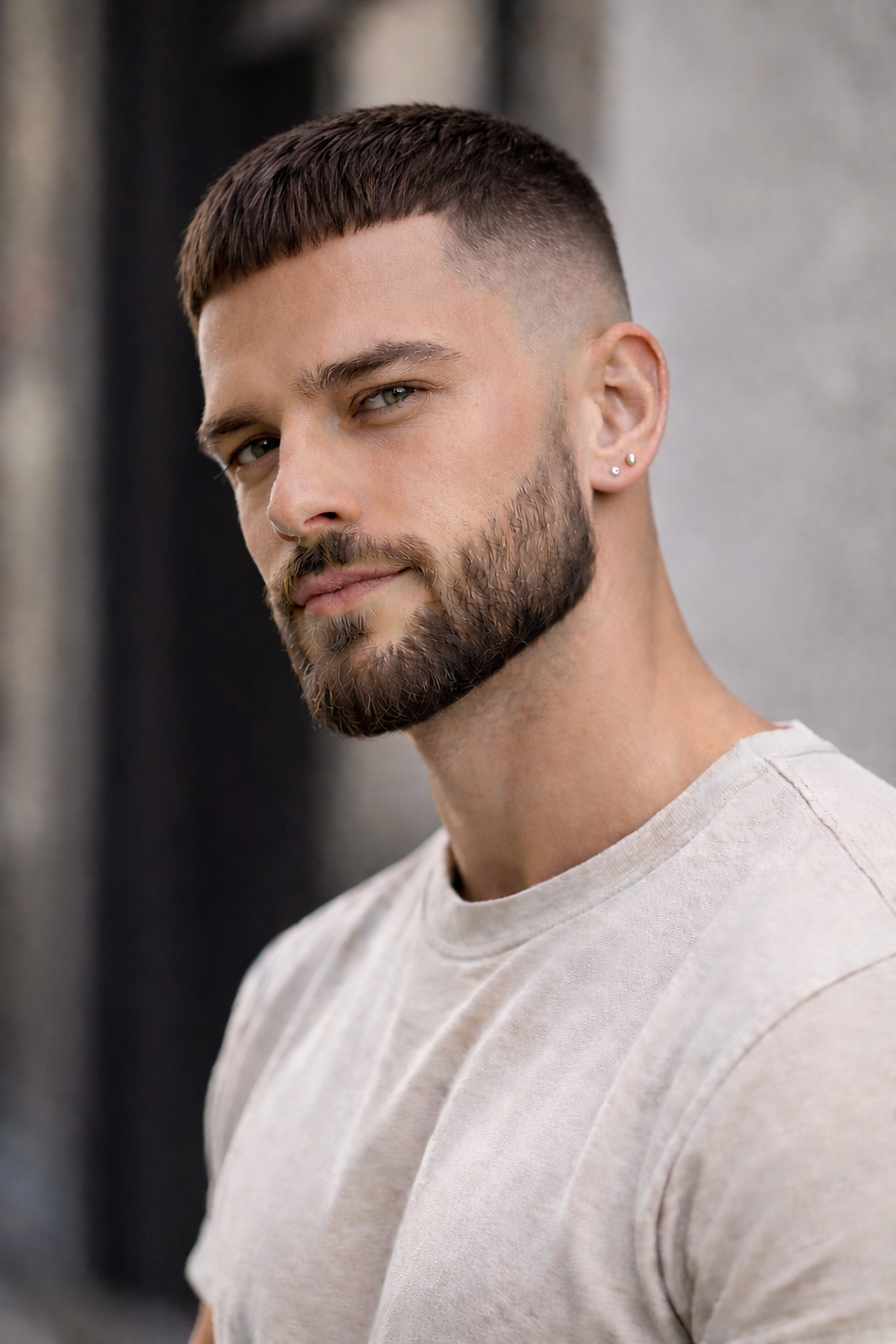 Man with a trimmed beard and short hair in a beige shirt, standing against a blurred, neutral background, exuding a confident expression.