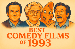Four illustrated characters from the best comedy films of 1993. Bold text below reads "Best Comedy Films of 1993" in red. Cream background.