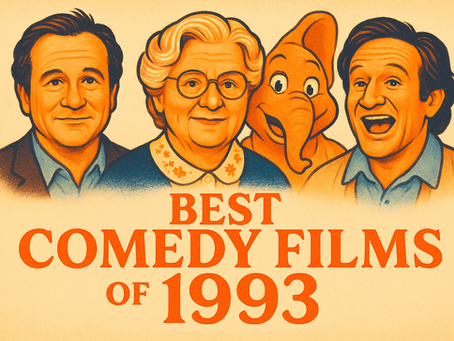 Four illustrated characters from the best comedy films of 1993. Bold text below reads "Best Comedy Films of 1993" in red. Cream background.