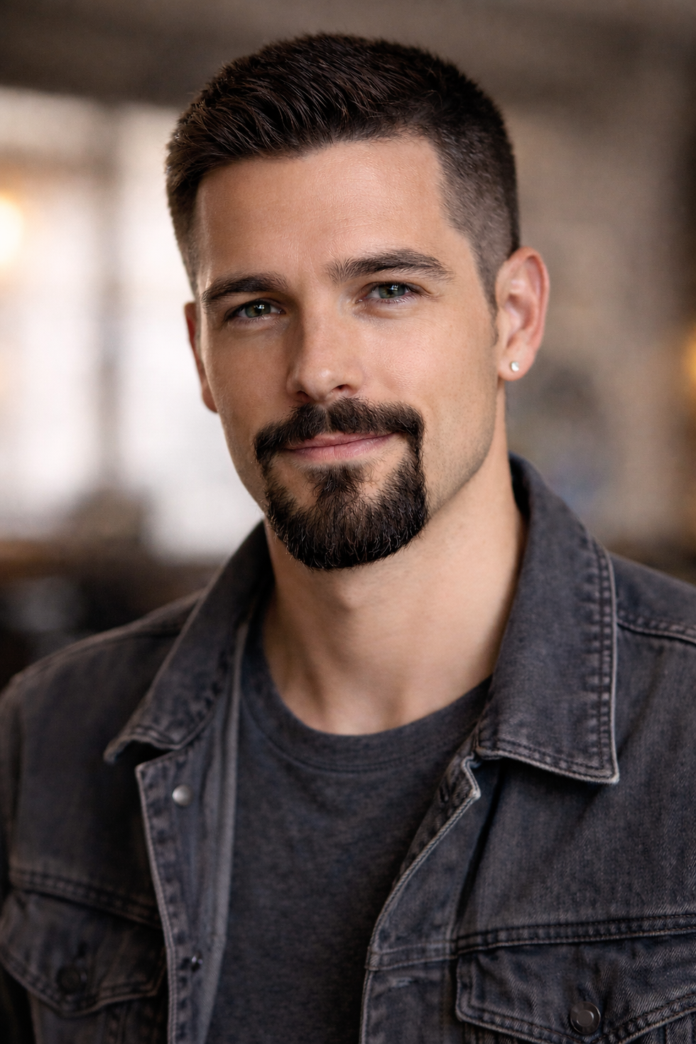 Smiling man with a beard and short hair in a denim jacket, standing indoors with soft lighting and blurred background, conveying a warm mood.
