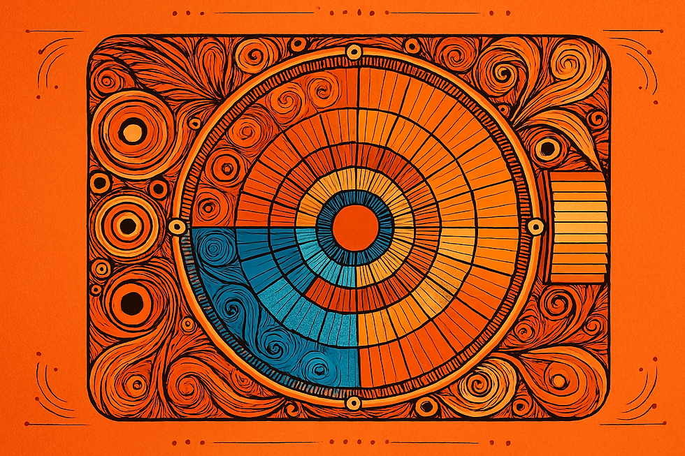 Abstract design of concentric circles with orange and blue segments on an orange background. Swirling patterns and lines add detail.