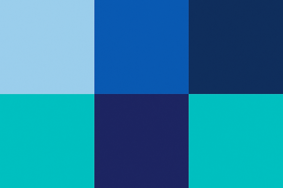 Colorful square pattern with six blocks: light blue, blue, navy, teal, dark teal, and turquoise. Geometric and vibrant design.
