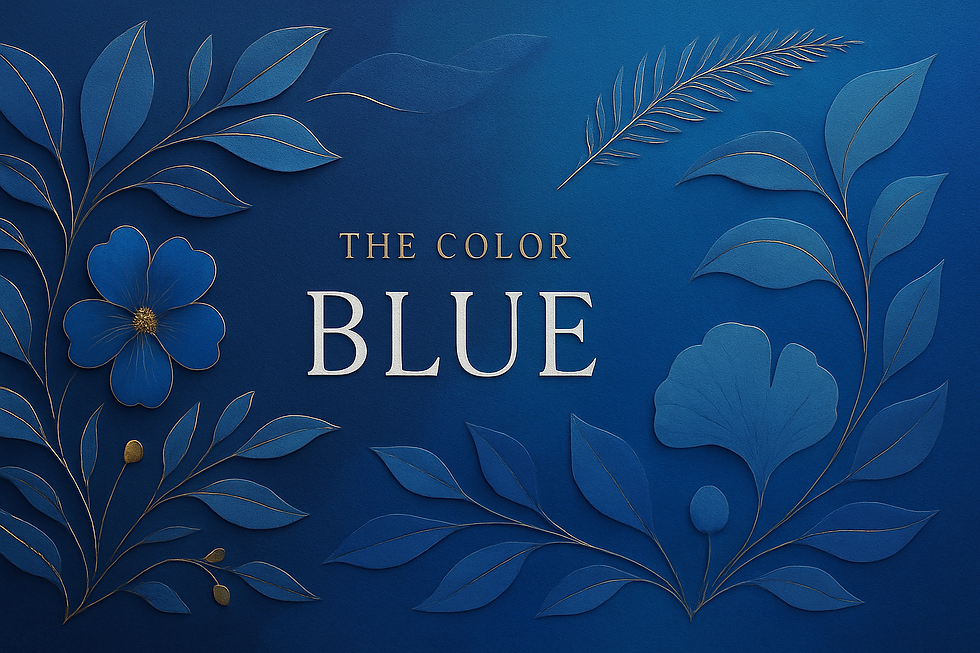 Blue floral illustration with gold accents on a textured background. Text reads "The Color Blue." Elegant and calming design.