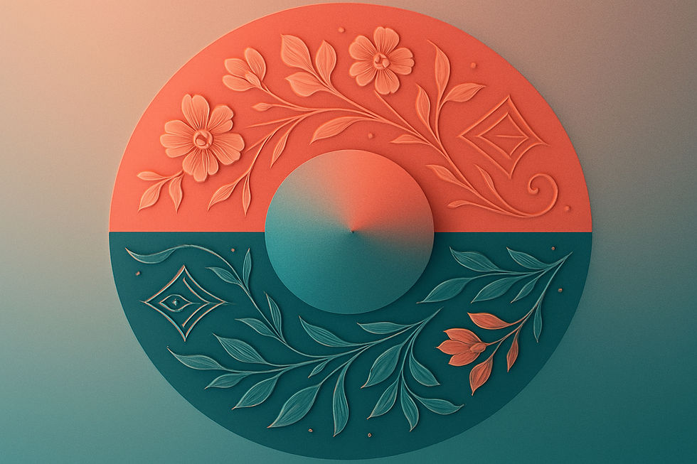 Circular illustration with floral designs, split into coral and teal halves. Central gradient circle, intricate leaf patterns, calm mood.
