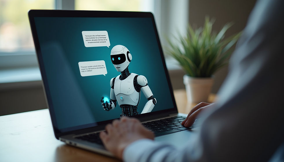 Person typing on a laptop displaying a humanoid robot with speech bubbles. Background features a plant and window, giving a tech-savvy vibe.