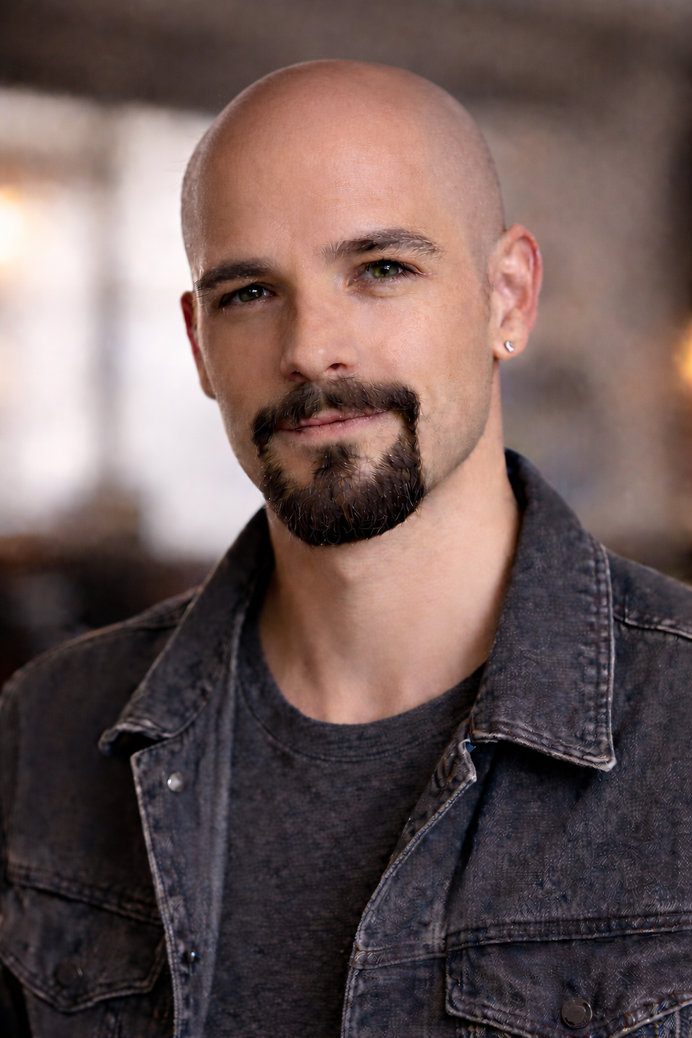 Bald man with a goatee wearing a denim jacket, smiling softly. Blurred background with warm tones, conveying a calm mood.