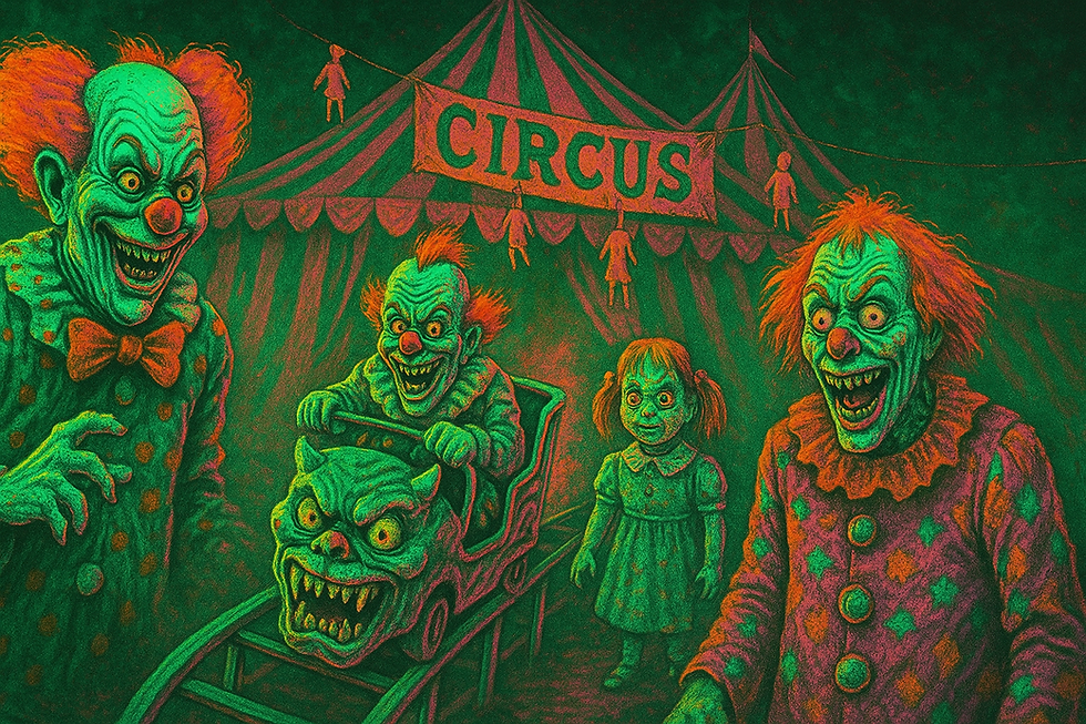 Creepy clowns with orange hair and green skin, one driving a monster-faced cart near a circus tent with a "CIRCUS" sign. Eerie mood.