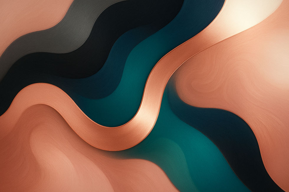 Abstract image with flowing bronze, teal, and black waves. Smooth textures create a serene, harmonious visual effect.