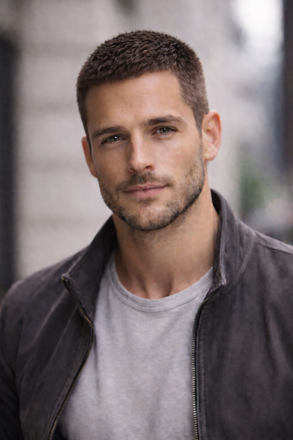 Man with short hair and a trimmed beard wears a gray t-shirt and dark jacket. Neutral expression, blurred urban background.