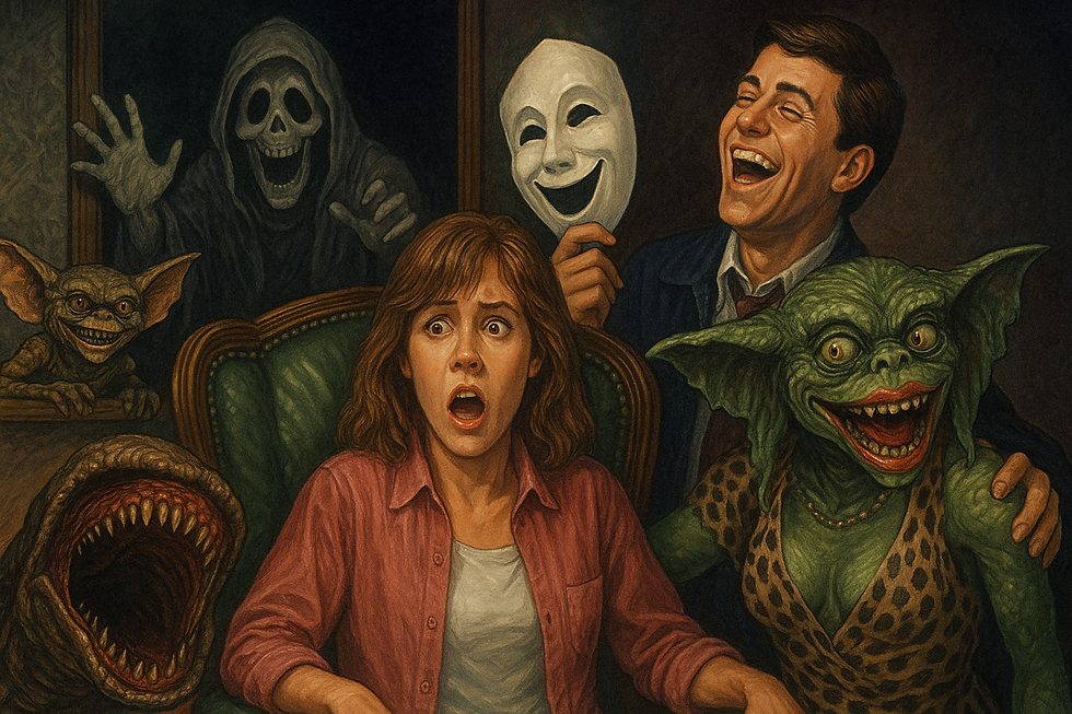 A woman in shock sits on a green chair, surrounded by a laughing man with a mask, a gremlin, and a hooded figure. Warm, vivid colors.
