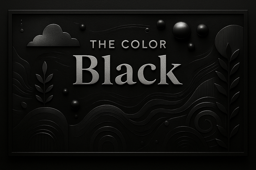 Text "The Color Black" on a dark textured background with leaves, waves, and circles. Monochrome design creates a sleek, sophisticated mood.