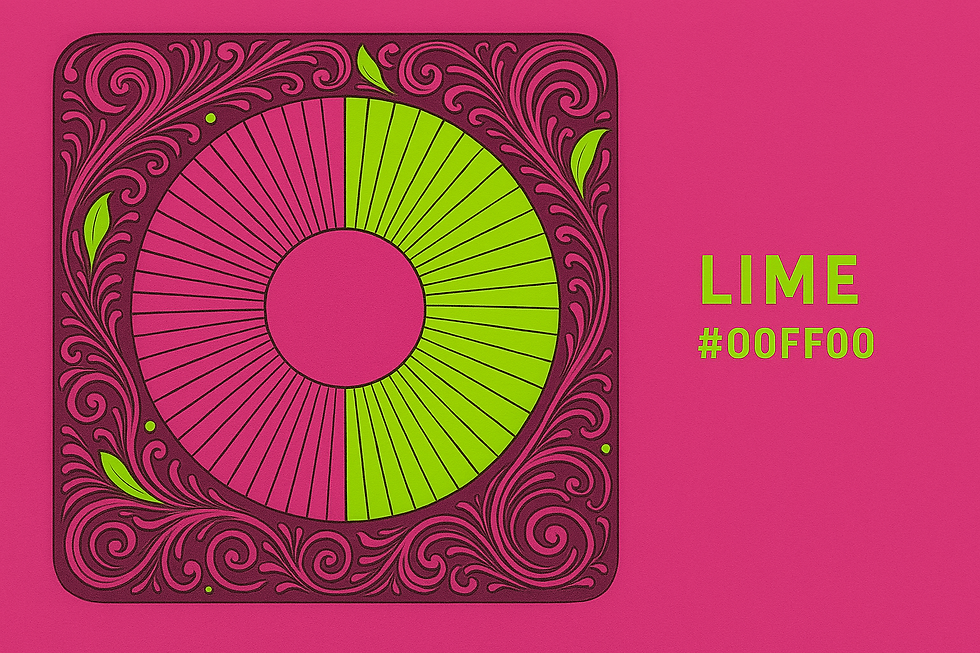 Intricate design with a lime green circle, pink background, and swirling patterns. Text "LIME #00FF00" in green on right side.