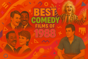 Collage of actors from 1988 comedy films with vibrant orange background. Text says "Best Comedy Films of 1988" in bold colors.