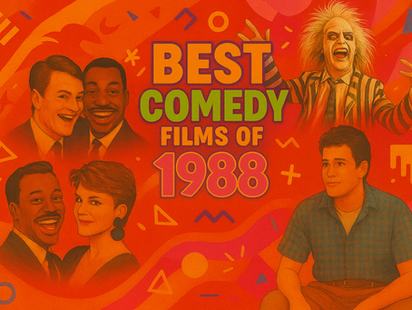 Collage of actors from 1988 comedy films with vibrant orange background. Text says "Best Comedy Films of 1988" in bold colors.