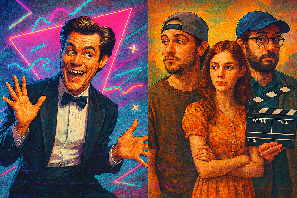 Smiling man in suit with neon background gestures, while three serious people on right hold a clapperboard, orange tones in backdrop.