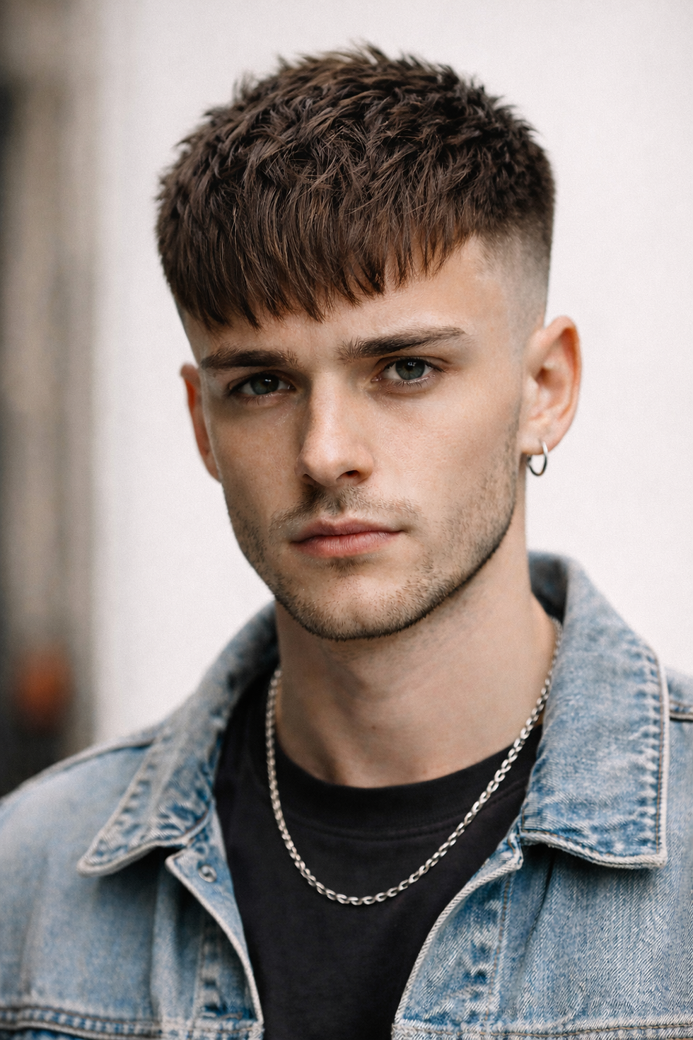 Young man with short brown hair, wearing a denim jacket and chain necklace, stands against a blurred white background, looking pensive.
