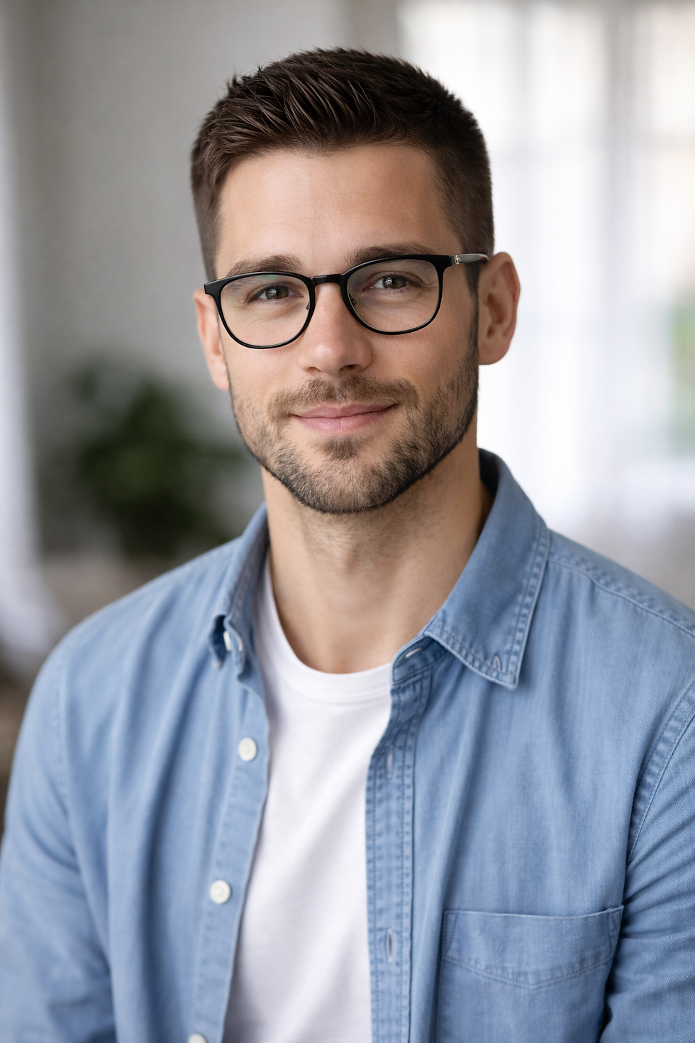 Man with glasses and a light blue shirt smiles softly, indoors, with blurred background and natural light creating a calm atmosphere.