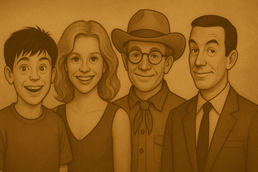Four cartoon characters, including a smiling boy, woman, and man in a hat. Sepia tone; warm expressions. No visible text.