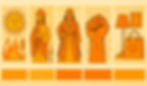 Illustration divided into panels: a sun with fire, a monk praying, a queen posing, a raised fist, and a lamp with a shopping bag. Warm tones.
