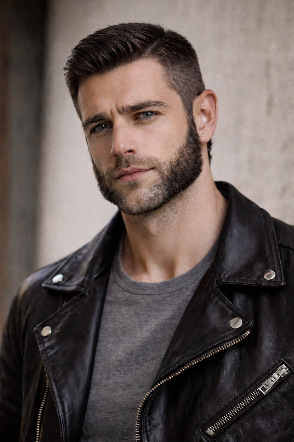 Man with beard and leather jacket stares confidently at the camera. Background is blurred, highlighting his intense expression and attire.