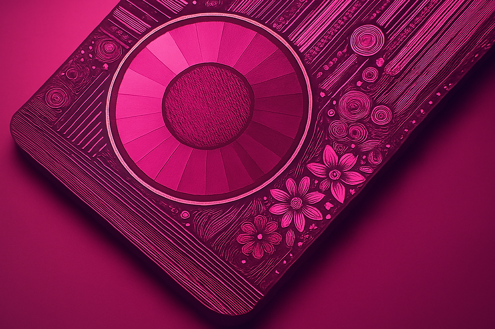 Intricate magenta design with circular pattern, floral motifs, and lines. Textured surface, artistic and decorative in style.