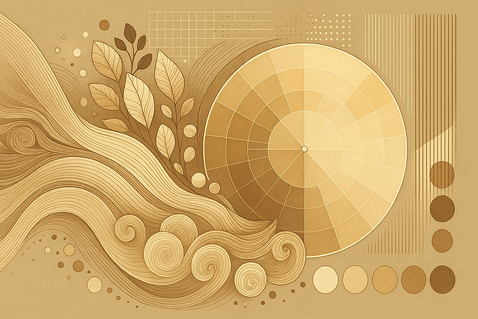 Abstract art with a beige color palette, featuring swirling lines, leaves, a circular chart, and geometric patterns. Serene and harmonious mood.