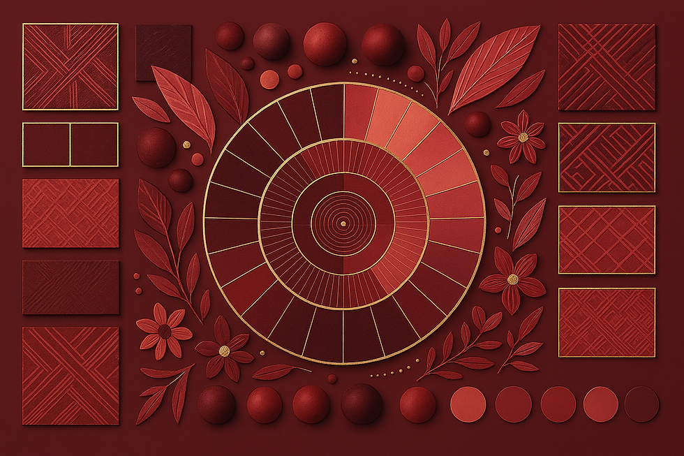 Red geometric collage with a central circular chart, leaves, flowers, and squares on a textured maroon background. No text visible.
