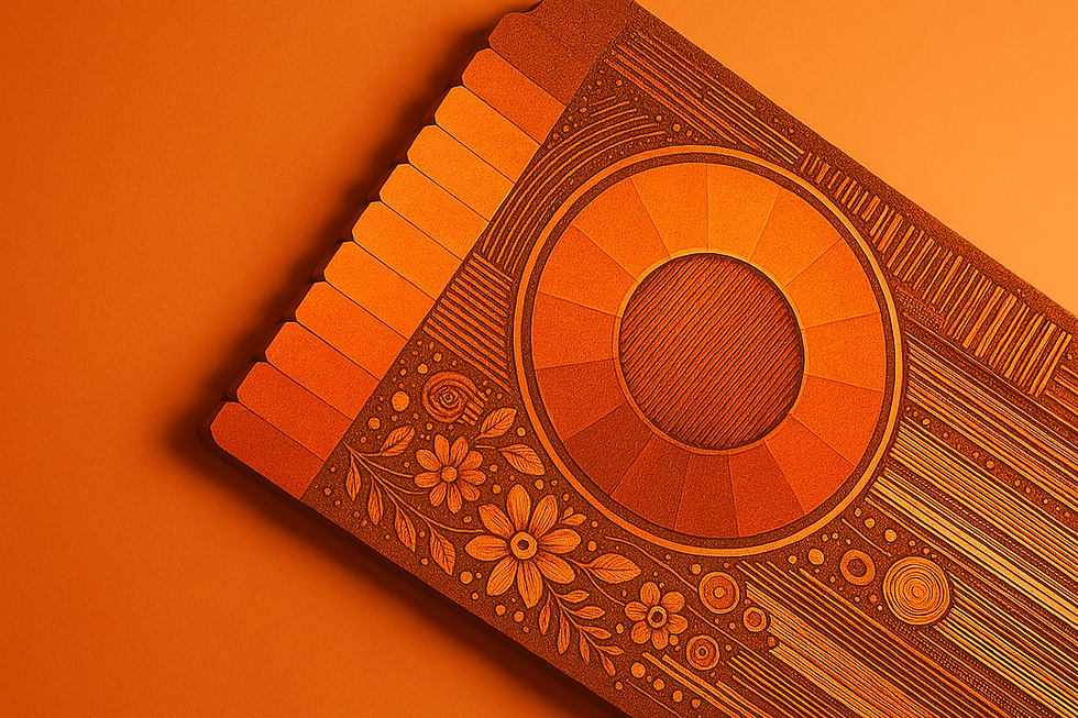 Orange abstract design with circular and floral patterns on a textured surface. Geometric lines and shapes create a vibrant, artistic feel.