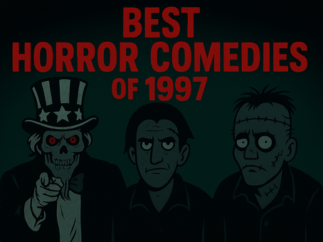 Three cartoon characters, including a skeleton in a hat, look serious in dim lighting. Red text reads "Best Horror Comedies of 1997."
