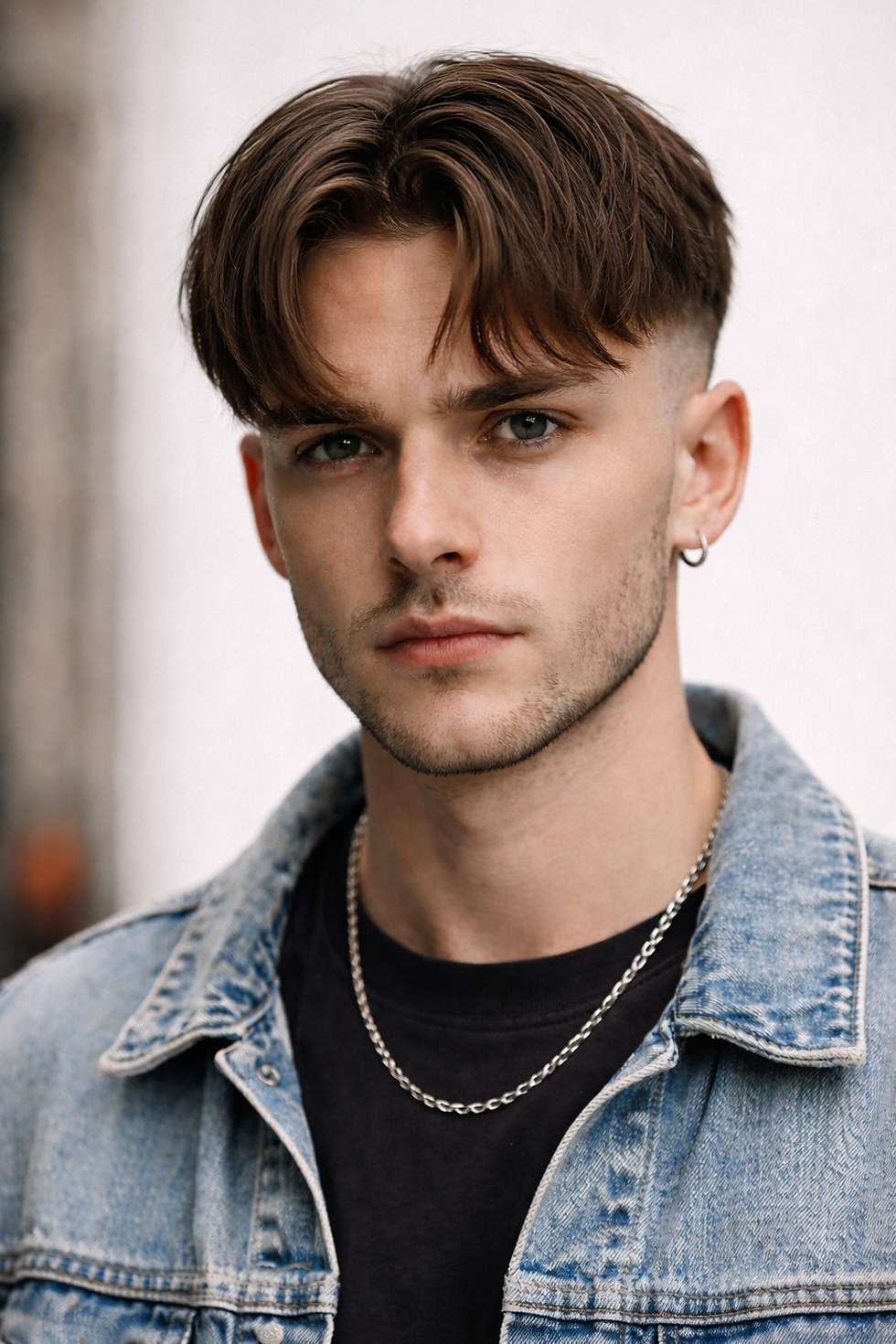 Young man with a serious expression, wearing a blue denim jacket and chain necklace. Simple background, neutral colors.