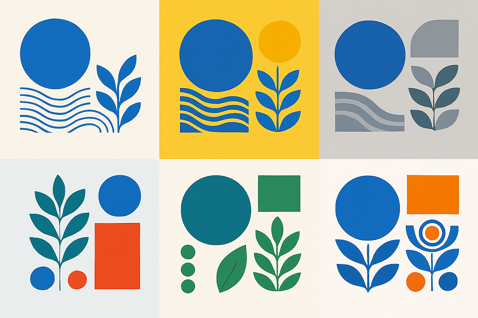 Geometric shapes and plant patterns in blue, yellow, green, and orange form a grid on a colorful background, creating a modern, abstract look.