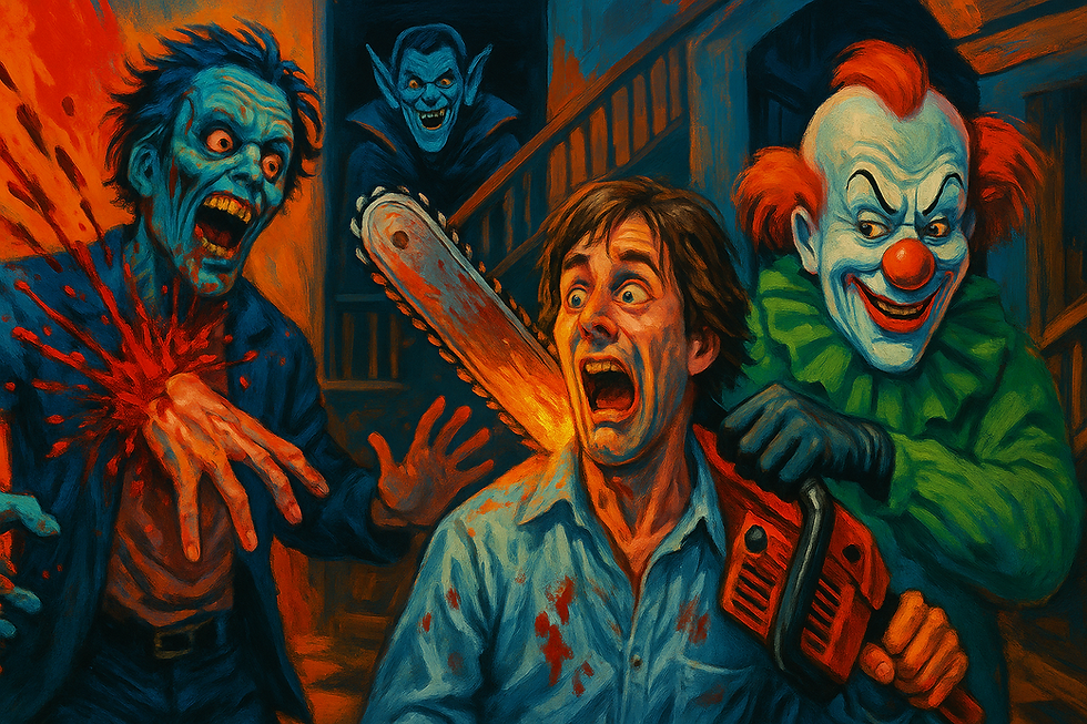 A terrified man with chainsaw is surrounded by a bleeding zombie, a grinning clown, and a vampire. Dark, dramatic setting with vivid colors.
