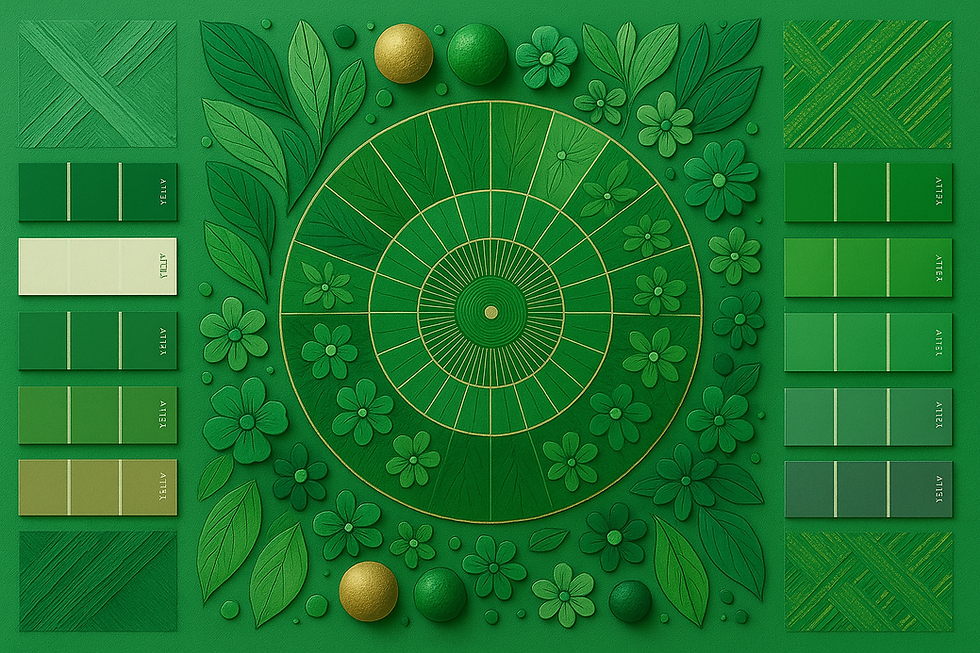 Green-themed art with a circular leaf pattern, flowers, and color swatches. Gold and green spheres add contrast on a textured background.