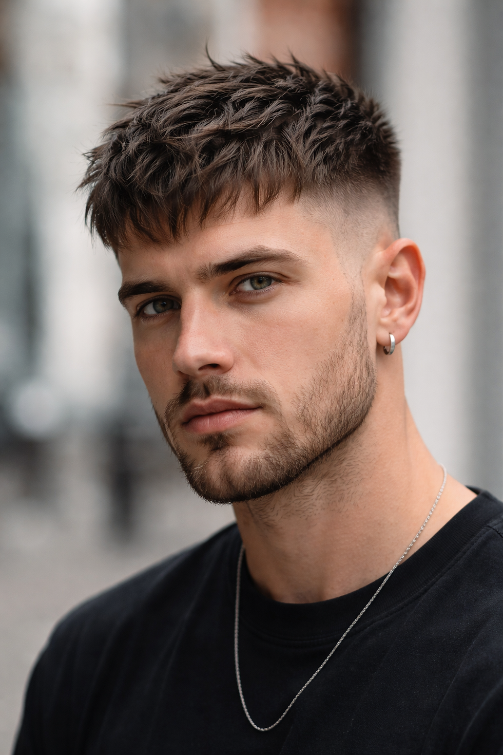 Young man with short brown hair and a beard wearing a black shirt and chain. Neutral expression, urban blurred background.