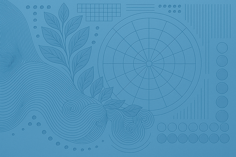 Abstract blue design featuring leaf patterns, swirling lines, a grid, circles, and a large central circular graph. No text visible.