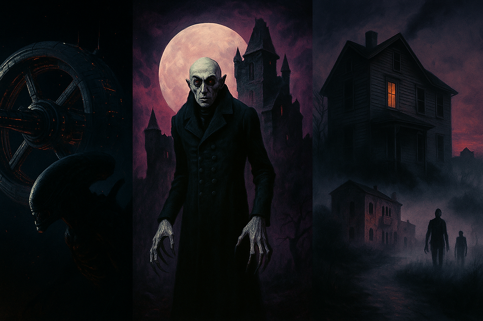 Dark triptych: Left, alien with circular spaceship. Center, pale vampire with glowing eyes before moonlit castle. Right, eerie house with lit window.
