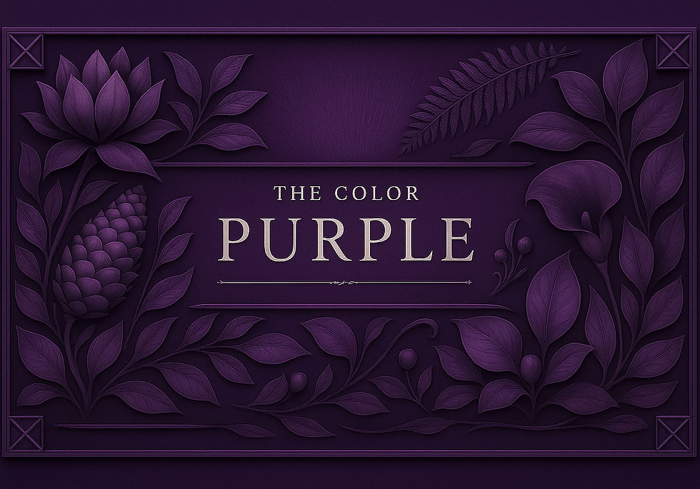 Purple floral illustration with textured leaves and flowers, centered text reads "The Color Purple." Elegant and dramatic design.