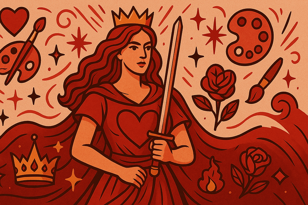 A crowned woman holding a sword, surrounded by hearts, roses, and art tools on a red and beige patterned background, conveying strength.