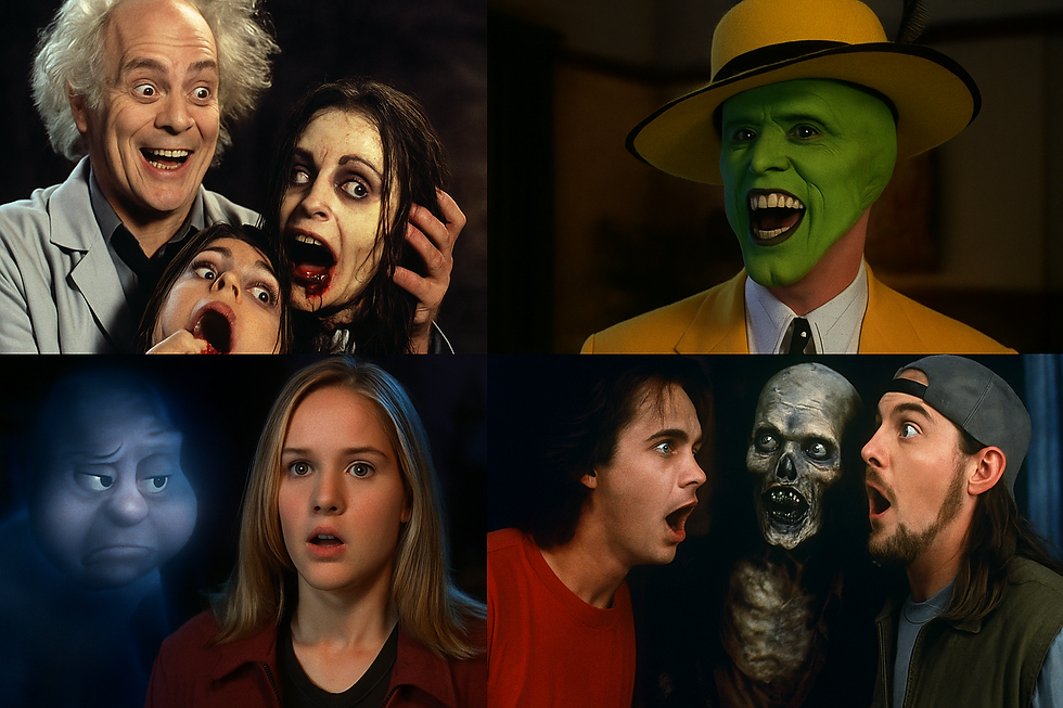 Collage of four scenes: excited scientist with frightened women, green-faced figure in yellow suit, blue ghost with girl, two men shocked by skeleton.