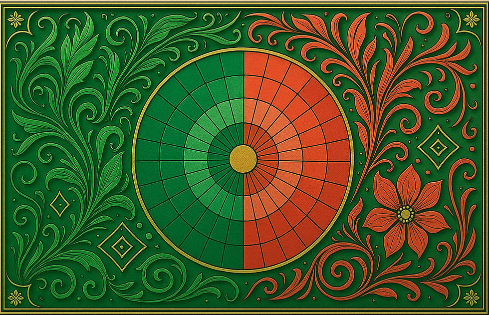 Ornate green and orange design with a circular grid and swirling floral patterns. Centered yellow dot; symmetrical, elegant aesthetics.