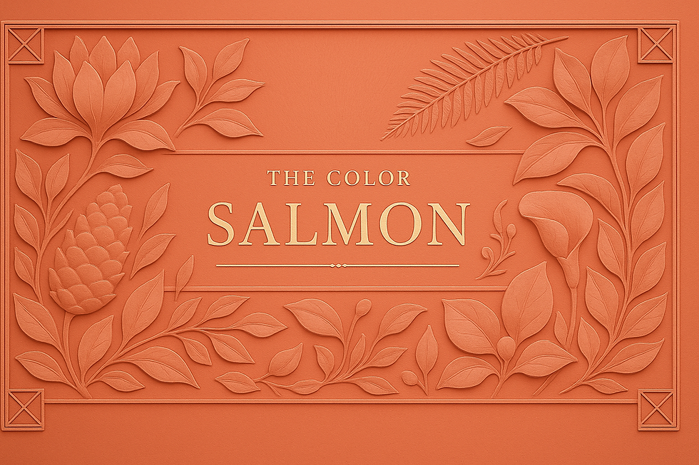 Salmon-colored plaque with embossed floral patterns and the text "The Color Salmon" in the center, conveying an elegant, artistic mood.