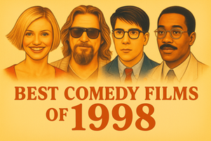 Four illustrated portraits on a yellow background with the text "Best Comedy Films of 1998" in bold red letters below.