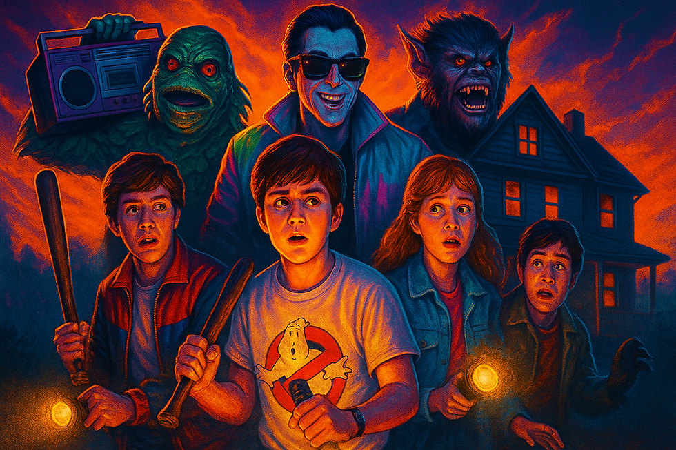 Kids and monsters gather outside a dark house at sunset. Kids hold flashlights and bats, looking scared. A creature holds a radio.