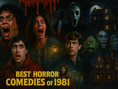 Dramatic horror scene with screaming faces, masked figure with knife, eerie creatures, haunted house, full moon. Text: "BEST HORROR COMEDIES OF 1981".