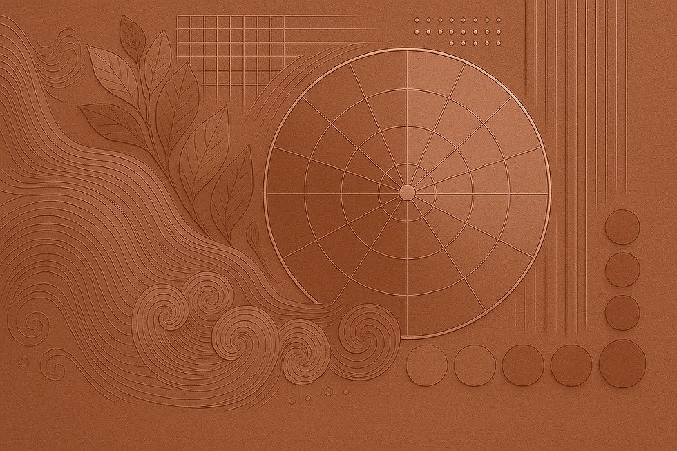 Abstract design with a circular grid, leaves, and wavy lines on a textured brown surface. Geometric patterns and dots enhance the design.